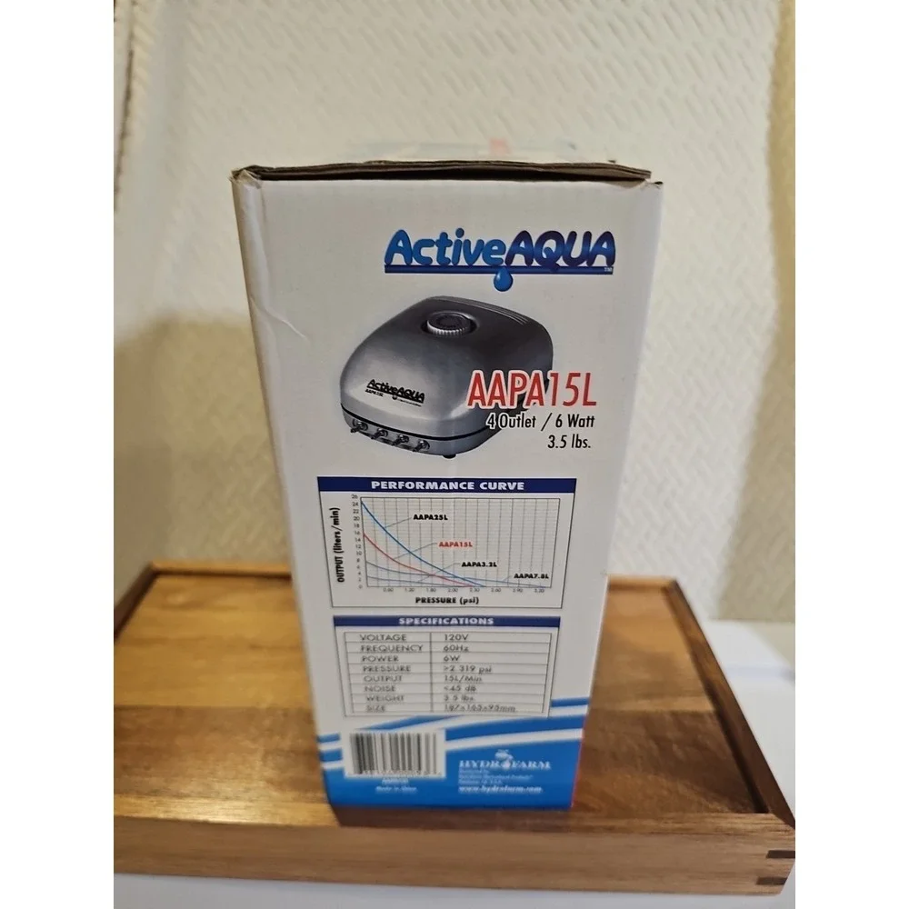 AAPA15L Active Aqua,‎ 4 Outlets, 6W, 15 L/Min Air Pump, Silver,Grey New In Box